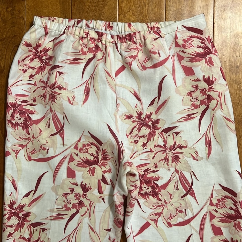 Amanda Smith 100% Linen Floral Wide Leg Pants Size L Boho Resort Travel Coastal - Picture 3 of 12